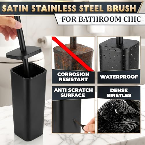 Image of Black Toilet Brush with Square Stainless Steel Holder - Freestanding Toilet Brush and Holder Set Black - Removable Plastic Inner Cup, Splash Guard Cover, Replaceable Head, Corrosion Resistant Finish