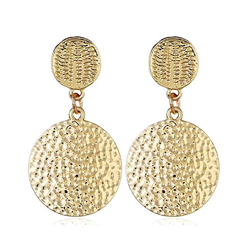 Tulip LY Pendientes redondos de disco con textura martillado dorado,de aleación, de disco étnico, pendientes geométricos, simples, circulares redondos, colgantes, pendientes de gota, para mujeres