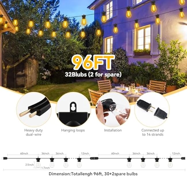 Aialun 96FT(48FTx2) LED Outdoor String Lights Outside Patio Yard Lighting Waterproof Hanging Warm Glow 2200K Shatterproof Edison Bulbs Exterior,Heavy-Duty Strand Decorative Caf¨¦ Porch Bistro Garden
