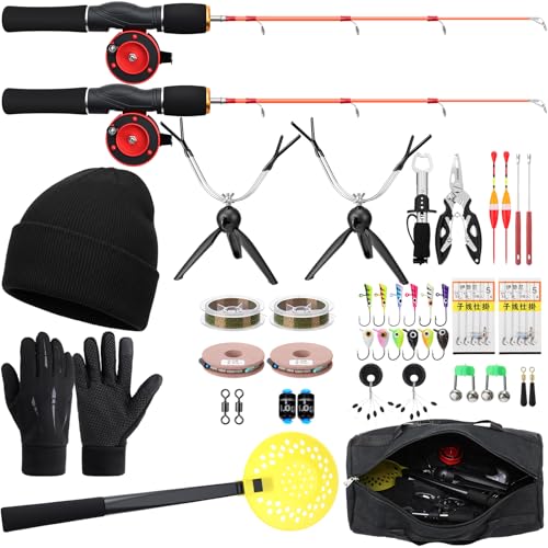 Teyva Daily Ice Fishing Rod and Reel Combos 2 Pcs Ice Fishing Rod with Carrier Bag, Pliers, Lip Grip, Reel, Lures, and Accessories Kit for Men(27.56 Inches)