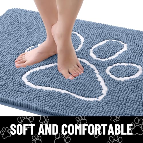 Image of Smiry Dog Door Mat for Muddy Paws, Absorbent Dirt Trapper Non Slip Quick Dry Washable Chenille Mat for Mud Dogs, Entry Rug for Indoor and Outdoor (47x32 Inches, Airy Blue and White)