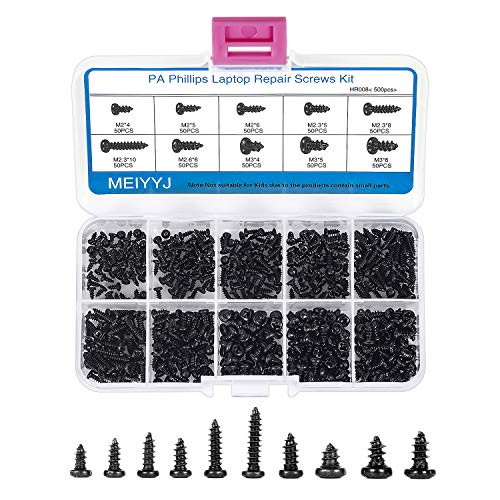 MEIYYJ M2 M3 M4 Philips Screws Assortment Set, 500PCs Self-Tapping Micro Screws in 10 Sizes for Computer Glasses Repairing, Carbon Steel Black Precision Screws Kit with Organizer Box