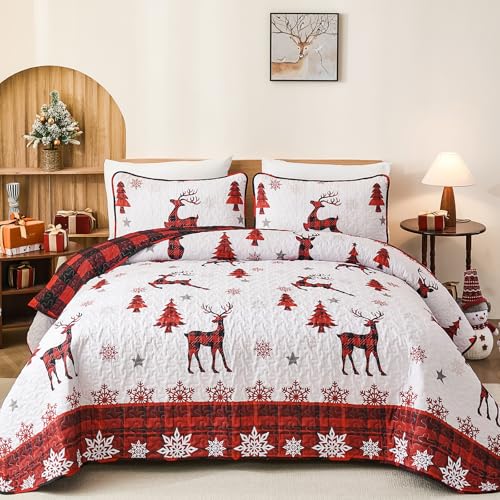 Christmas Quilt Set Queen Size 3 Pieces,Red Christmas Tree Reindeer Bedspread Reversible Coverlet Set,Red Black Check Soft Polyester Quilt Set