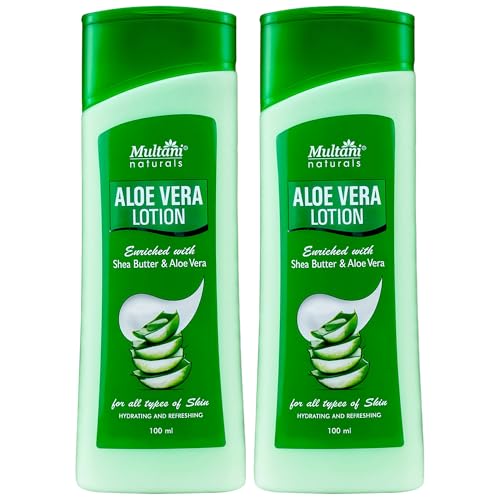 Image of Multani Natural Aloevera Lotion (Pack of 2 (100ml each) | Enriched with Goodness of Aloevera & Shea Butter | Soothe, Hydrate & Freshen Dry Skin | Suitable for Summer | Lightweight, NonSticky & Non-Greasy formula | For both men and women