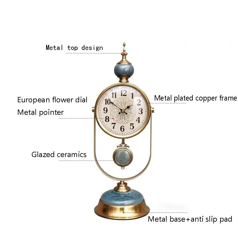 Reloj de mesa retro de metal con péndulo tallado calado para decoración de salón y dormitorio, 50 x 16 cm