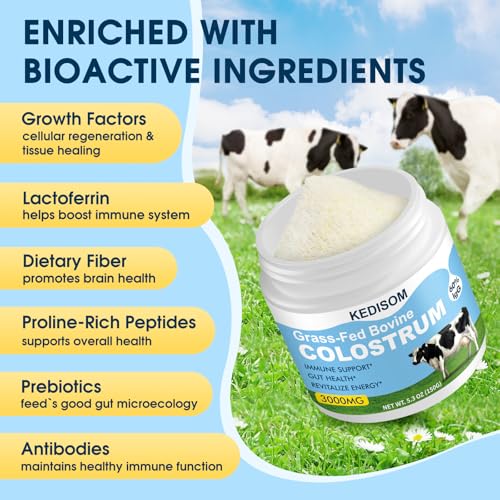 Image of Grass-Fed Bovine Colostrum Supplement Powder - 60% High IgG 3000 mg for Gut Health, Immune Support - Easy to Mix Natural Liposomal Colostrum Superfood, Unflavored, 50 Servings