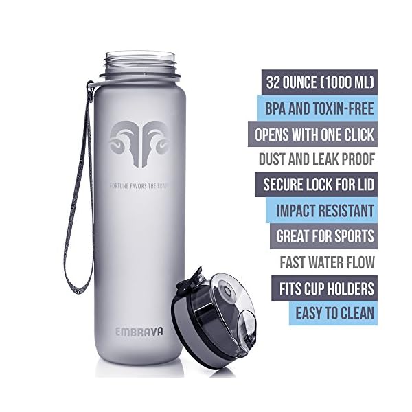 Embrava Best Sports Water Bottle - 32oz Large - Fast Flow, Flip Top Leak Proof Lid w/One Click Open - Non-Toxic BPA Free & Eco-Friendly Plastic - For Men & Women