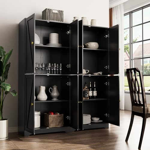 LYNSOM-Farmhouse-Pantry-Storage-Cabinet-Set-of-2-Kitchen-Pantry-Cabinet-with-4-Barn-Doors-72-Tall-Kitchen-Pantry-with-Adjustable-Shelves-Black-Storage-Cabinet-for-Kitchen-Dining-Room-Black LYNSOM Farmhouse Pantry Storage Cabinet Set of 2 Kitchen Pantry Cabinet with 4 Barn Doors 72 Tall Kitchen Pantry with Adjustable Shelves Black Storage Cabinet for Kitchen Dining Room Black