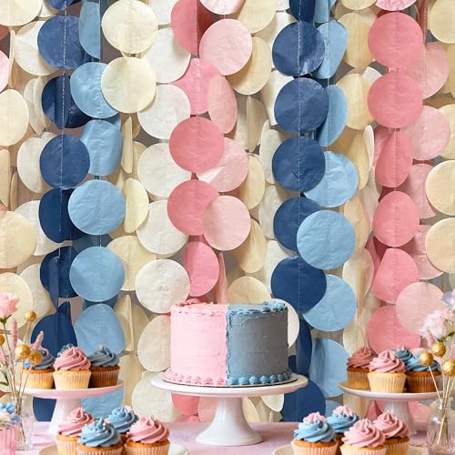 Image of 205 Ft Dusty Rose Pink Blue Khaki Beige Circle Dot Backdrop Garland Tissue Paper Polka Dots Hanging Streamer for Birthday Wedding Engagement Bridal Shower Party Decorations Supplies