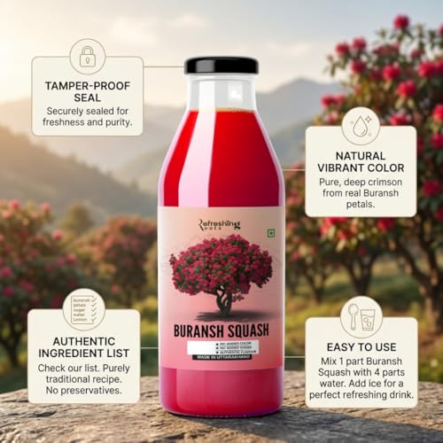 Image of REFRESHING ROOTS Uttarakhand Premium Buransh (Rhododendron) Squash, 900 ML Glass Bottle | Cold Pressed | Natural Health Drink | Added Honey | No Artificial Flavors | Rich in Antioxidants | Glass Bottle (300 ML * 3)