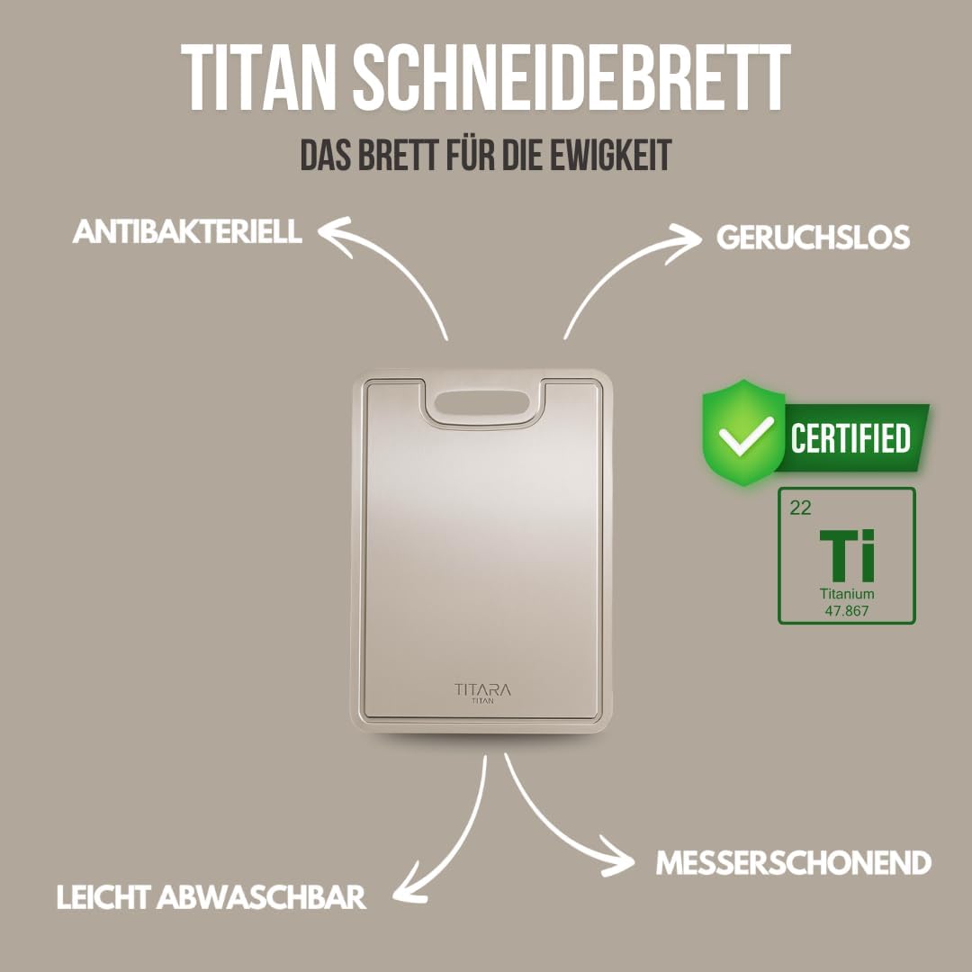 Titan Schneidebrett, Antibakteriell und Geruchlos, Messerfreundliche Oberfläche, Spülmaschinenfest, Lebenslange Haltbarkeit, 100% Titan und kein Edelstahl (L - 39x28cm)
