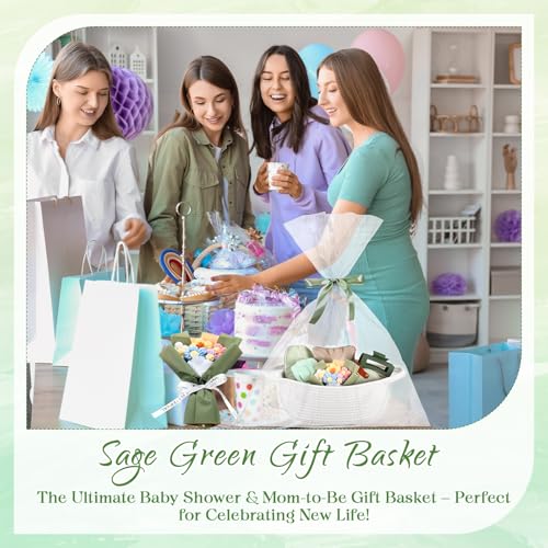 Kacctyen Sage Green Gift Basket for Women Include Woven Basket Makeup Bag Sleep Mask Jewelry Box Hair Bow Crochet Flower and More Self Care Birthday Gift Box for Mom Wife Friends Sister Coworker3