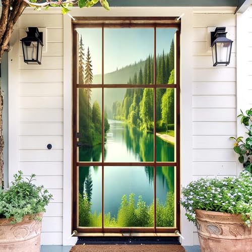 Image of Faux Window Door Cover - Forest Lake Front Door Decorations