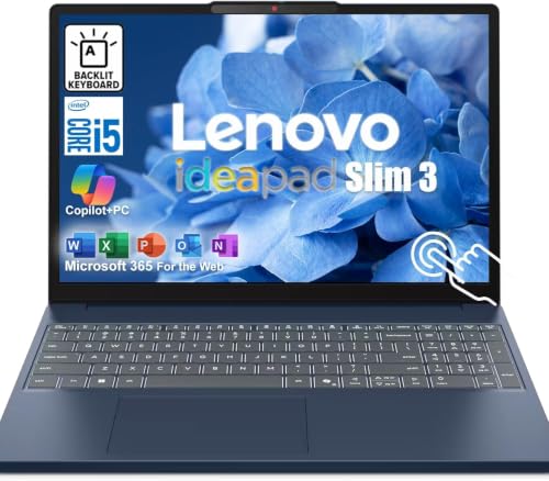 Image of Lenovo IdeaPad Slim 3 15.3 inch WUXGA Touchscreen Business Laptop | Intel Core 5 210H CPU (8 Cores, Up to 4.8Ghz) | 16GB DDR5 RAM, 512GB SSD | Backlit KB | Web Microsoft 365 | WiFi 6, 1080P Web Cam