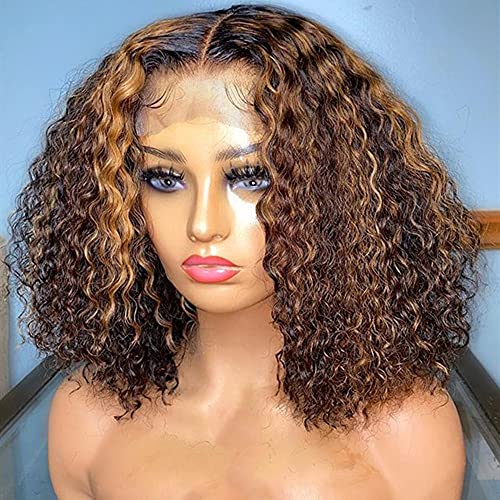 4/27 Blonde Highlight Bob Wigs Vipbeauty Ombre Honey Blonde Highlight Lace Front Wig Human Hair Curly 13×6×1 T Part Lace