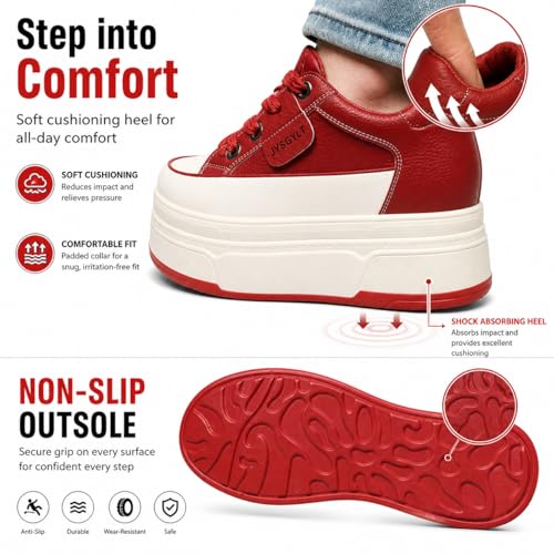 Image of Platform Sneakers For Women - (3 inch-3.5 inch )6cm Heel & 3cm Inner Lift, Comfortable Cushioned Arch Support, Non-Slip Casual Walking Shoes, Microfiber Leather Platform Shoes White Black Red Yellow