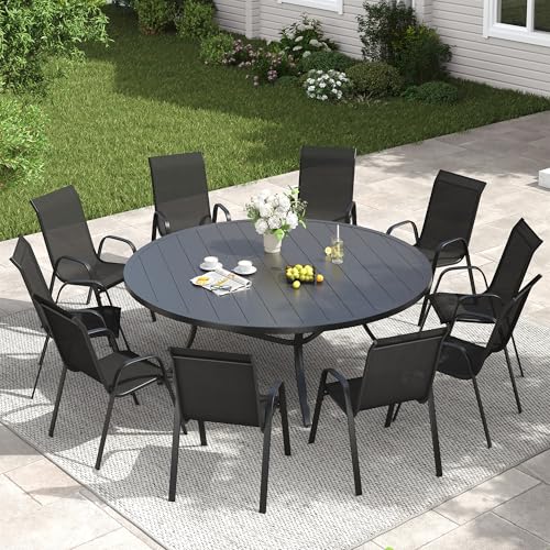 Image of VICLLAX Outdoor Dining Set for 10, All Weather Metal 11 Pieces Patio Set-63 Round Outdoor Table and Stackable Chairs for Lawn Garden and Backyard, Black Tabletop