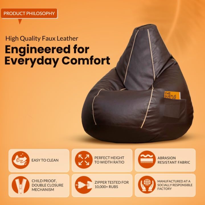 Image of Sattva Classic 4XL Bean Bag Chair with Beans Filled | Sofa Style Faux Leather Beanbags with Beans Filling | Comfortable Bin Bags Sofa for Adults & Teens, Living Room & Office | Brown with Beige Piping