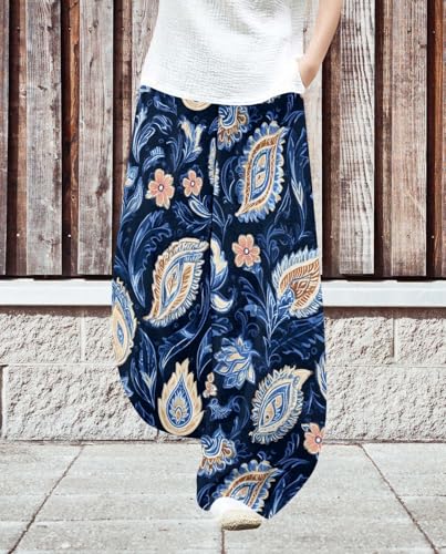 Womens Floral Print Lounge Wide Leg Pants Loose Elastic Waist Summer Fashion Plus Size Trousers with Pockets2