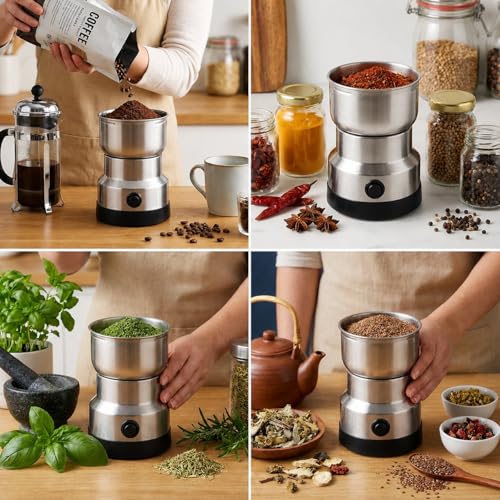 Image of Andrew James Mini Mixer Grinder Small Size 150W High Speed | EVERSYS Stainless Steel Spice Grinder & Coffee Beans Grinder | Portable Electric Grinder for Masala, Dry Ingredients (100g Capacity)