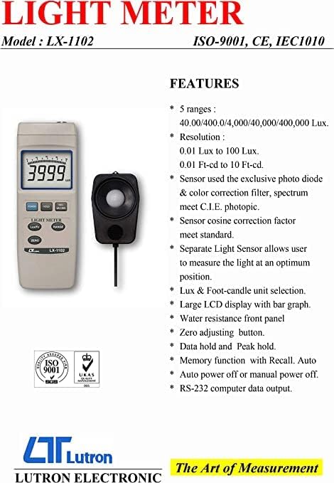 Light Meter or Lux Meter Exposure Meter Light Meterfor Auditoriums, Theatres, Stadiums, Labs Along with Factory Calibration Certificate Model LX-1102