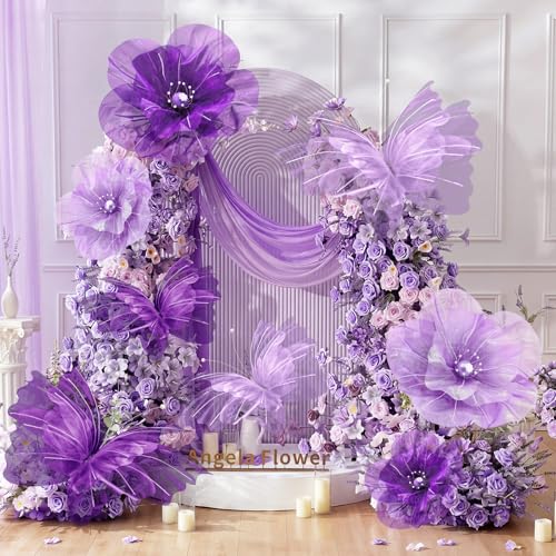 Image of Cinnvoice 8 Pcs Large Purple Butterfly Flower Decorations 20 Inch 12 Inch 3D Giant Silk Butterfly Big Flower Mariposas Grandes para Decoracion for Wedding Backdrop Birthday Party