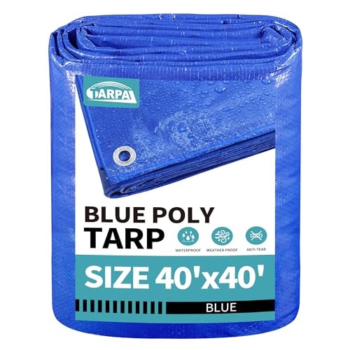 TARPAL 40x40 feet Blue tarp 8mil Medium Duty tarps Waterproof Tear Resistant with Metal Grommets Suitable for Outdoor Tent Emergency rain Cover Floor tarp and Other uses.