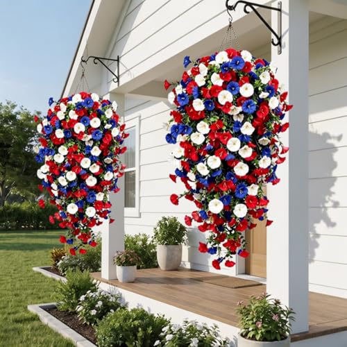 2 Set Red White and Blue Hanging Flowers Artificial Outdoor Flowers Hanging Planters Patriotic Flowers for Summer Front Porch Patio 4th of July Decor - Outdoor Faux Flowers
