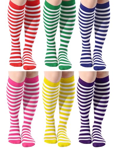 Syhood 6 Pairs Mardi Gras Striped Knee High Socks Polyester Striped Tube Stockings Knee High Socks for Woman Mardi Gras Party(Bright and Vivid Fresh)