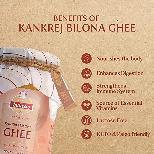 Image of Indicow Foods Vedic Bilona A2 Cow Ghee | (Kankrej Cow A2 Vedic Bilona Ghee 500 ML) | Grass Fed, Hand Churned, 100% Pure and Preservative Free