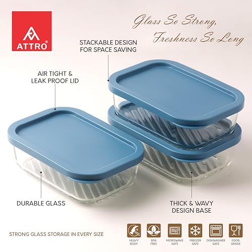 Image of ATTRO Storeit Borosilicate Glass Storage Containers - 520ml, Set of 3, Transparent & Stackable with PE Lids, Microwave, Fridge & Dishwasher Safe, Ideal for Kitchen & Leftovers- Blue