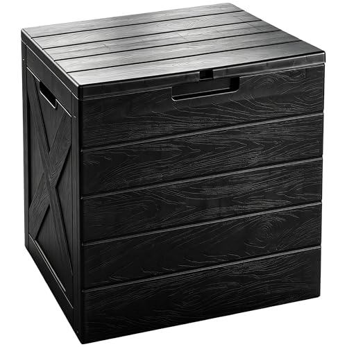 Yaangagpe Large 118L Storage Box with Lid Lockable Heavy Duty Plastic Weatherproof UV Resistant Garden Storage with Wood Grain Effect Waterproof Indoor Outdoor Container