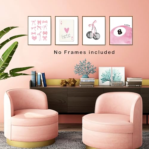 Okaxscm Pink Coquette Trendy Preppy Wall Art Prints Set Of 4, Coquette Room Decor, Preppy Room Decor Aesthetic, Pink Bow Disco 8 Ball Cherry Wall Decor Posters For Girls Bedroom Dorm thumb #4