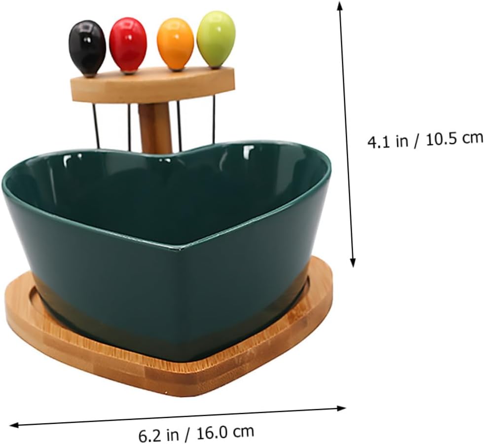 Heart Shaped Porcelain Serving Dish Salad Bowl with Forks, Ceramic Fruit and Snack Bowl in Green, Household Tableware for Kitchen and Living Room