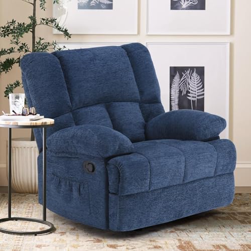 Image of Oversized Rocker Recliner Chair, Wide Rocker Chair with Adjustable Backrest Footrest, Oversized Recliner for Adults, Reclining Sofa for Living Room, Blue