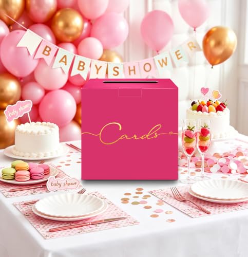 Image of HEIPINIUYE Hot Pink Wedding Card Box with Gold Foil 9.8 inch x 9.8 inch Pink Large Gift Card Box for Party Wedding Reception Graduation Birthday Baby Shower Cardboard Raffle Envelope Box with Slot