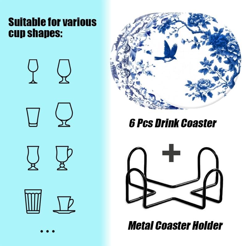 Absorbent Coasters for Drink Set of 6,Bule and White Coasters Cork Bases Ceramic Coasters with Holder,Suitable for Kinds of Cups,Elegant Style Coffee Table Decorative Coasters(Blue Flower)