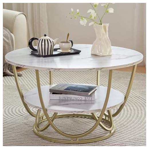 Elephance Round Coffee Table with Storage, 30 Inch Modern Coffee Table for Living Room,Wooden Tabletop-Marble White Print with Gold Frame