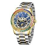 GLENAW Cosmic Starry Sky Mechanical Watch-Gem Bezel,Astronomical Blue Dial