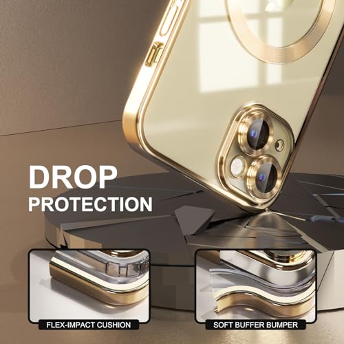 Image of Misea Magnetic for iPhone 15 Plus Case Compatible with MagSafe Gold | [Never Yellowing] [Military Drop Protection] Full Camera Lens Protector Plating Soft Clear Phone Case for Women, Gold