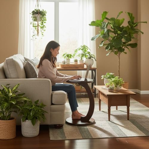 Image of Modern C-Shaped Side Table for Sofa & Bed | Brown Laptop Snack Table | Space-Saving Couch Side End Table for Living Room Bedroom | Portable Coffee Table for Home Office (C Brown)