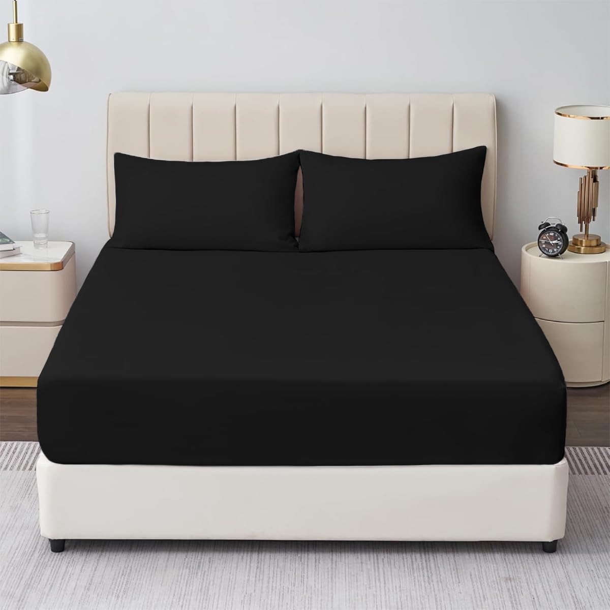 Rohi Black Rohi® Double Fitted Sheet With Two Pillowcases – 25Cm Depth – Pure Polycotton Plain Bedding (Double Fitted Sheet & Pillowcases, )