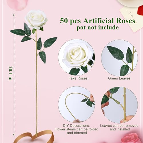 Image of 50 PCS Ivory Roses Artificial Flowers, Fake Roses with Stem Realistic Silk Roses for DIY Wedding Bouquets Tables Centerpieces Arrangements Baby Shower Birthday Home Decor Valentine's Day Gift for Her