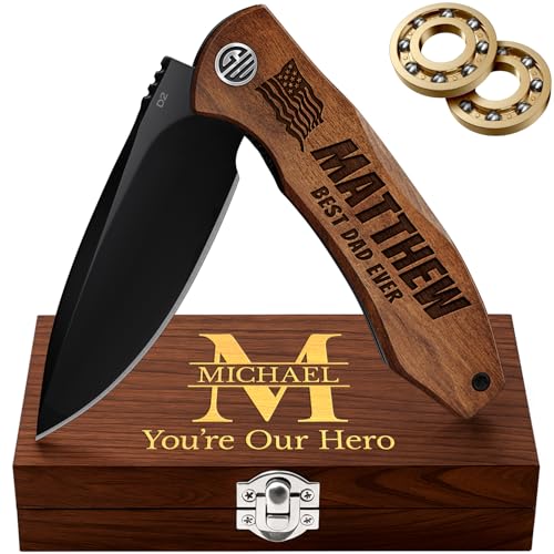 Image of GOOD WORKER Custom Knife with D2 Blade, Guibourtia Wood - Personalized Pocket Knives for Men - Engraved Gifts for Men Husband Boyfriend - Customized Present for Birthday, Anniversary - 6700 PS N2