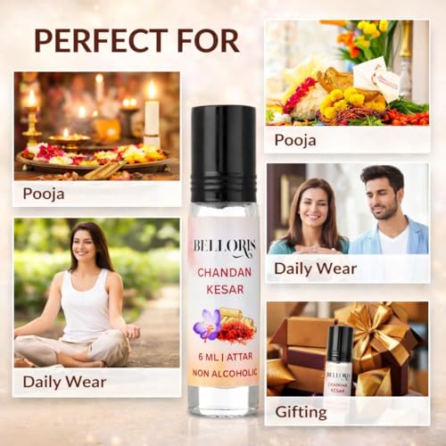 Image of Chandan Kesar Attar 6ml | Long Lasting Floral Attar Perfume Oil | Non Alcoholic Chandan Kesar Ittar | Premium Roll-On Fragrance for Men & Women Eid, Ramadan Gifts, Non Alcoholic & Vegan Fragrances