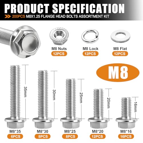 Image of mankk 200PCS Flange Head Bolts Assortment Kit M8x1.25 Bolt (Length 16 /20 /25 /30 /35mm) Metric Bolt Stainless Steel Hex Head Bolts and Serrated Flange Nuts Kit Full Thread M8 Bolt