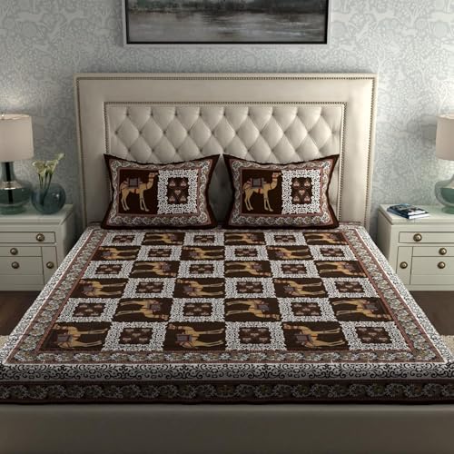 Image of La Verne 104 TC Cotton Double Bed Bedsheet Jaipuri Rajasthani Print Bedsheet with 2 Pillow Covers (Brown)