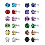 MOOCHI 12 Pairs AAAA Quality Round CZ Stud Earrings Set 5mm Solid Color Gemstones Silver Plated Bras