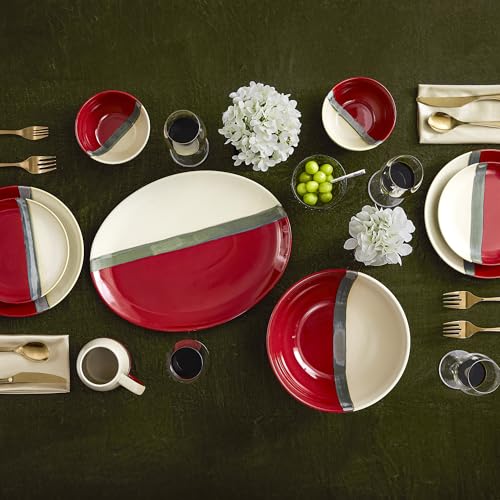 Image of Paseo Road Pasadizo 16 Piece Ceramic Western Dinnerware Set with Plates, Bowls, Mugs, Red and Cream Brushstroke Waves Solid Pattern Rustic Cabin Style