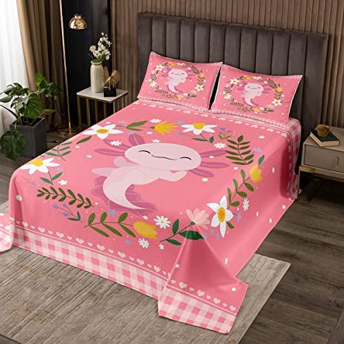 Erosebridal Cute Axolotl Coverlet King Size Kawaii Animal Bedding for Girls Boys, Geometric Checked Bedspread Set Yellow White Floral Quilt Set, Pink Salamander Bed Set for Kids